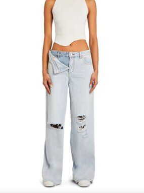 SEROYA Blythe Jeans Womens 26 Light Blue Double Waisted Edgy Urban Baggy Wide